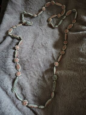 📿Vintage Hand Carved Bone Bead Necklace 25” Star & Etched Details Boho📿